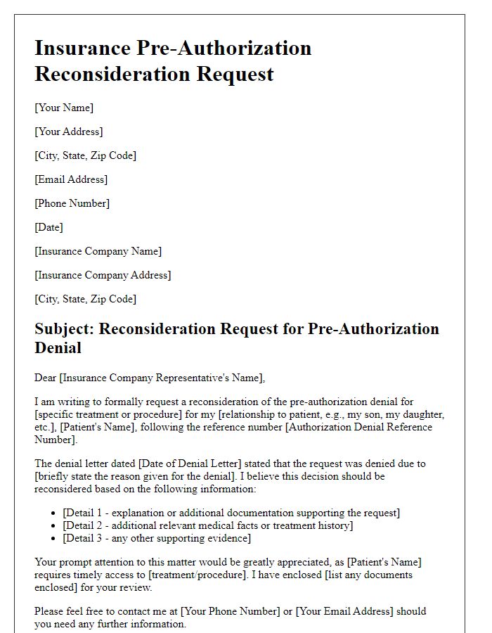 Letter template of insurance pre-authorization reconsideration request