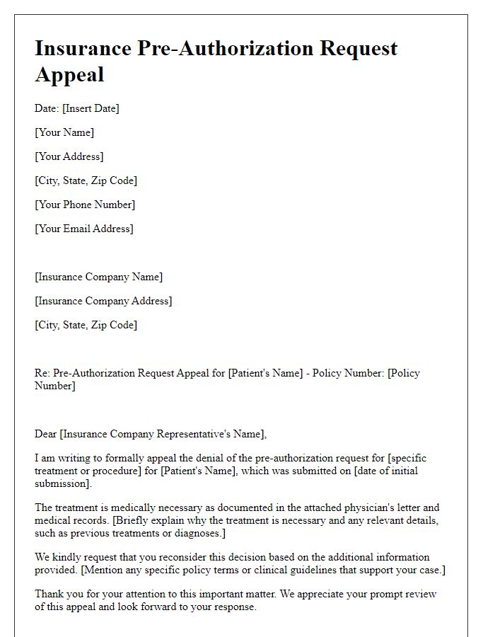 Letter template of insurance pre-authorization request appeal