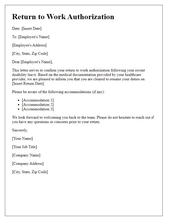 Letter template of return to work authorization after disability.