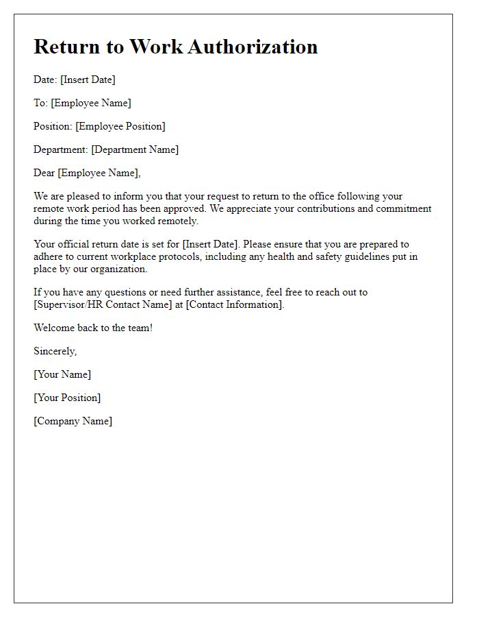 Letter template of return to work authorization from remote work.