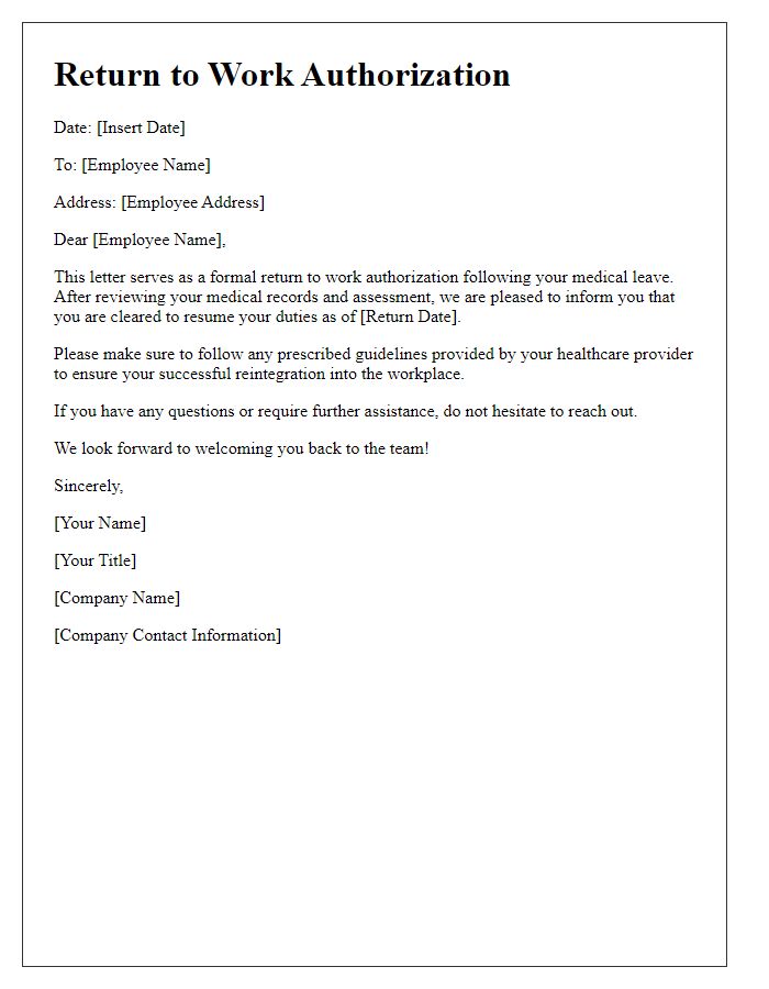 Letter template of return to work authorization for medical clearance.