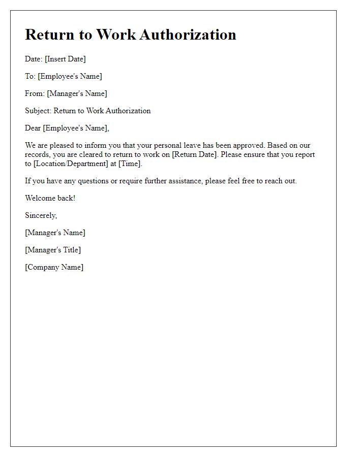 Letter template of return to work authorization for personal leave.