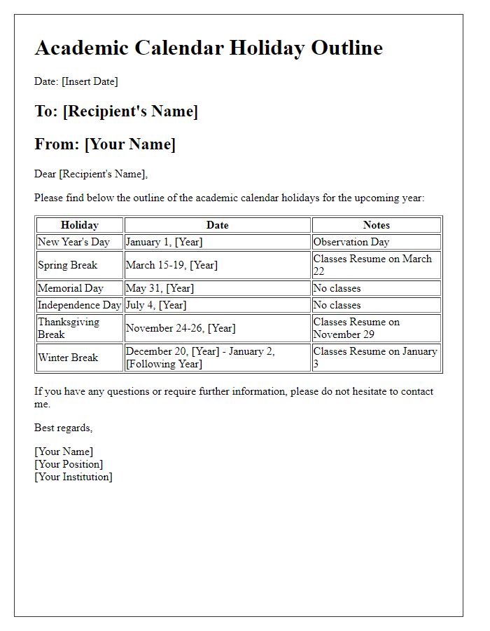 Letter template of academic calendar holiday outlines