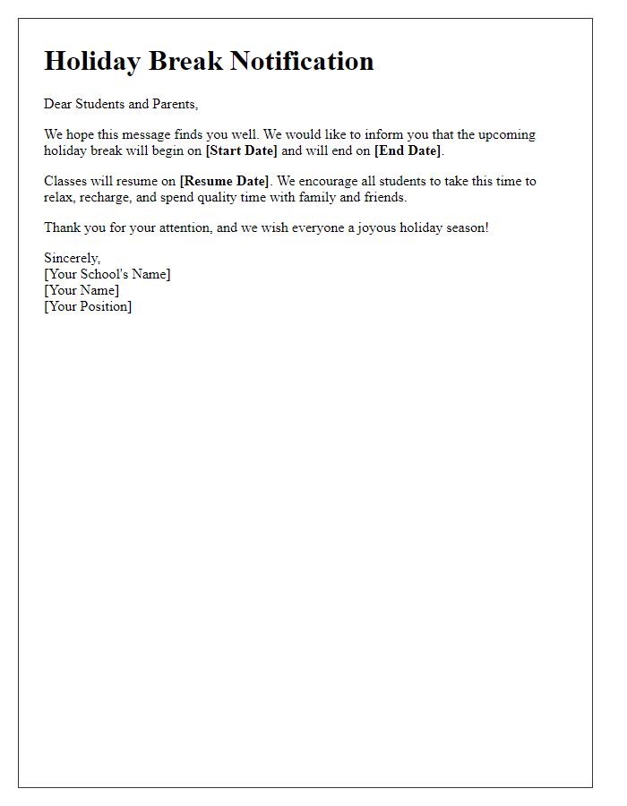 Letter template of holiday break notification for students and parents