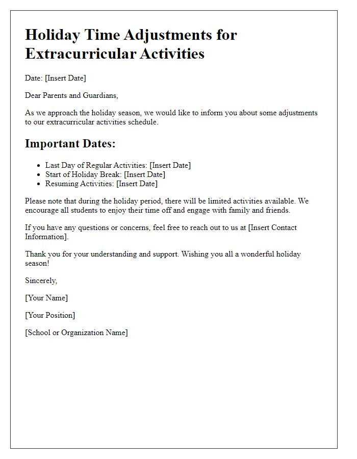 Letter template of holiday time adjustments for extracurricular activities