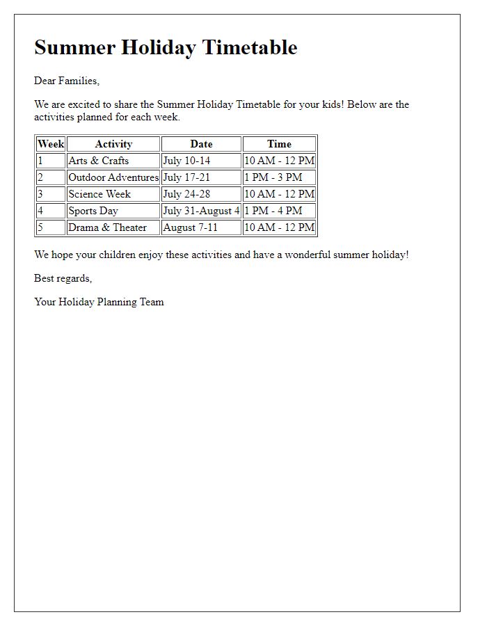 Letter template of summer holiday timetable for families