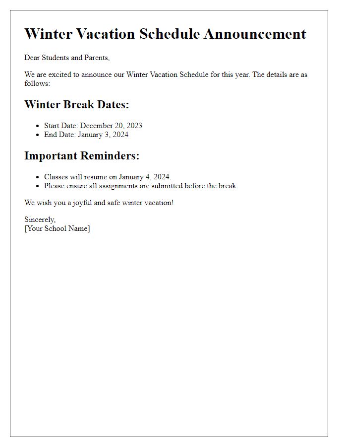 Letter template of winter vacation schedule announcement