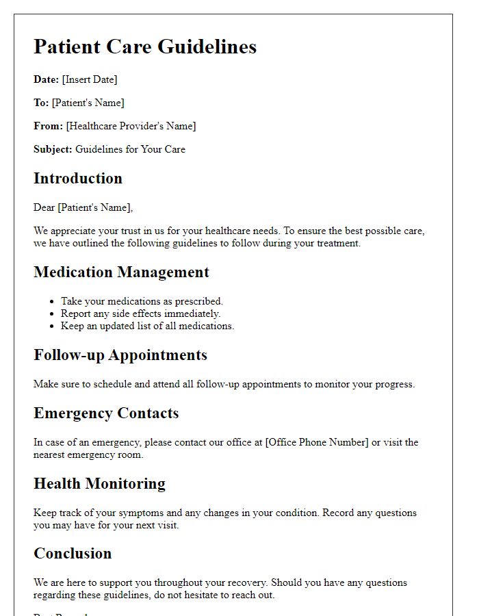 Letter template of patient care guidelines