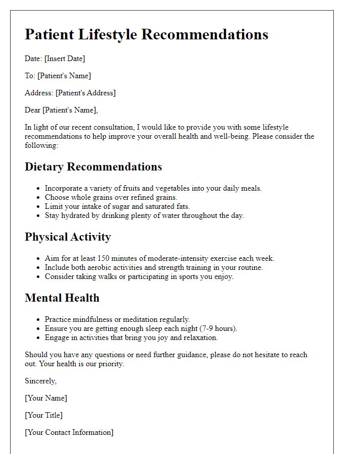 Letter template of patient lifestyle recommendations