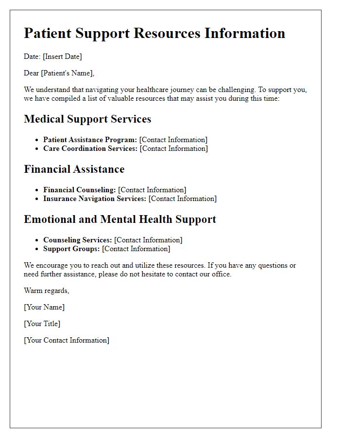 Letter template of patient support resources information