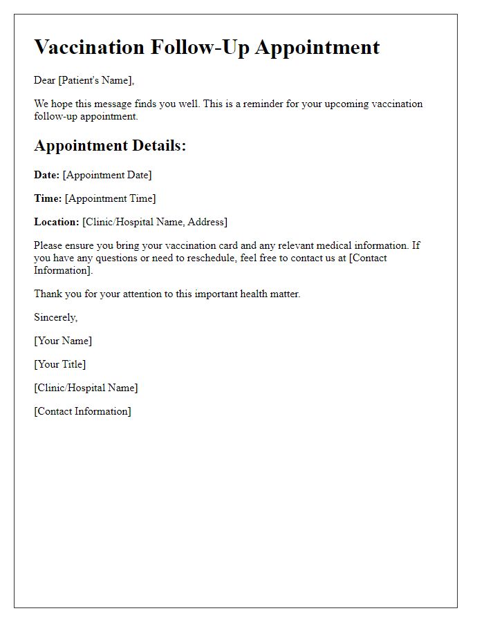 Letter template of vaccination follow-up appointment