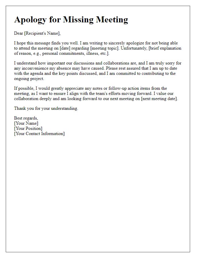 Letter template of courteous apology for not being present at the meeting