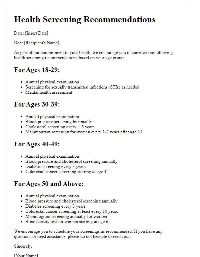 Letter template of health screening advice for specific age groups.