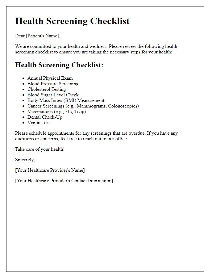 Letter template of health screening checklists for patient education.