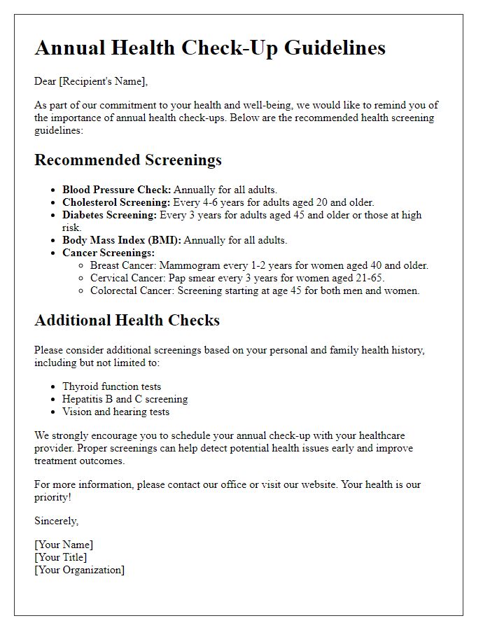 Letter template of health screening guidelines for annual check-ups.