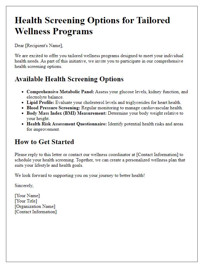 Letter template of health screening options for tailored wellness programs.