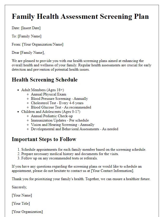 Letter template of health screening plans for family health assessments.