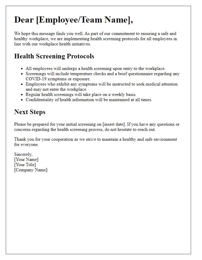 Letter template of health screening protocols for workplace health initiatives.