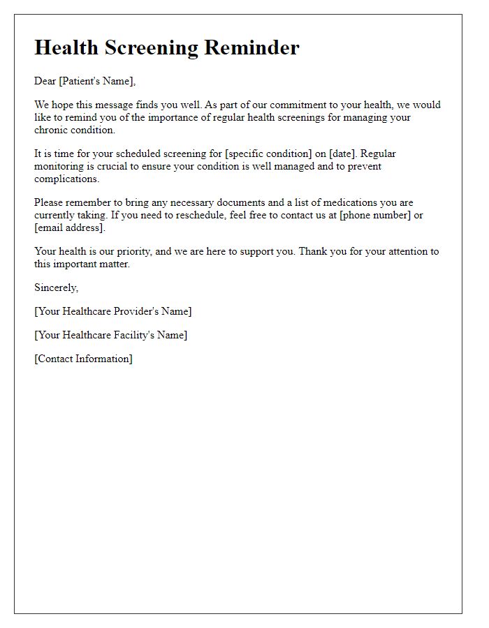 Letter template of health screening reminders for chronic condition monitoring.