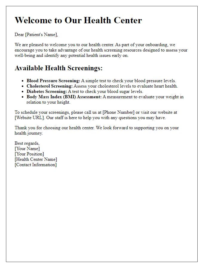 Letter template of health screening resources for new patients.