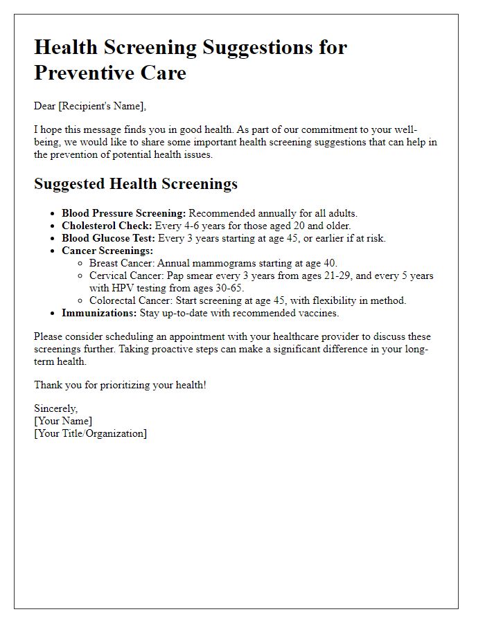 Letter template of health screening suggestions for preventive care.