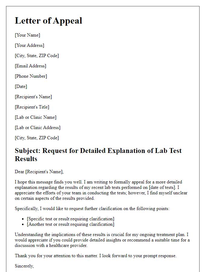 Letter template of appeal for detailed explanation of lab tests