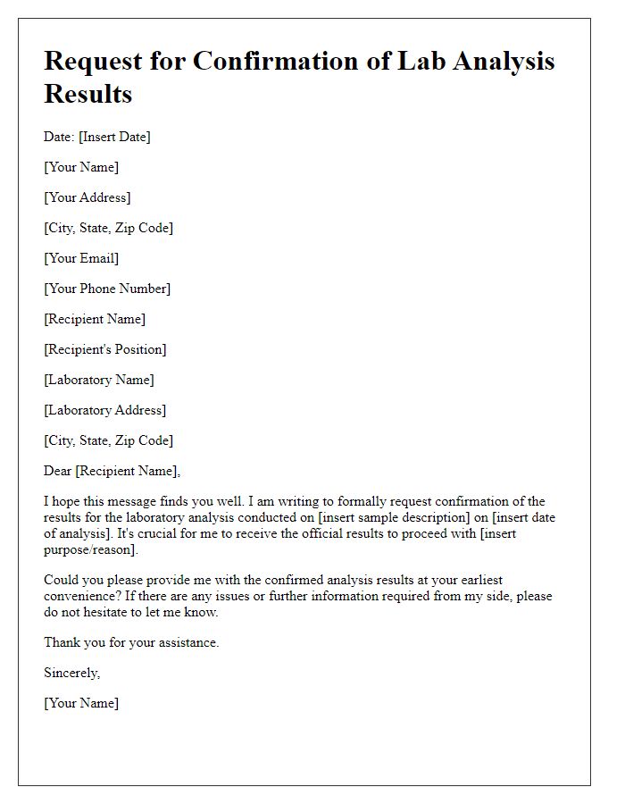 Letter template of request for confirmation of lab analysis results