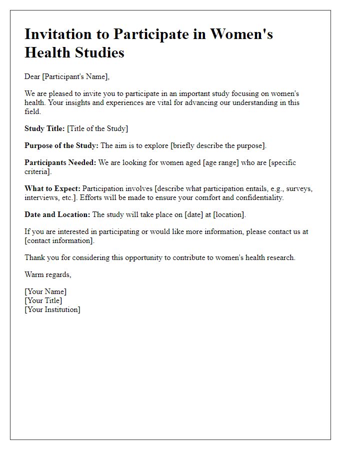 Letter template of invitation for female participants in women's health studies