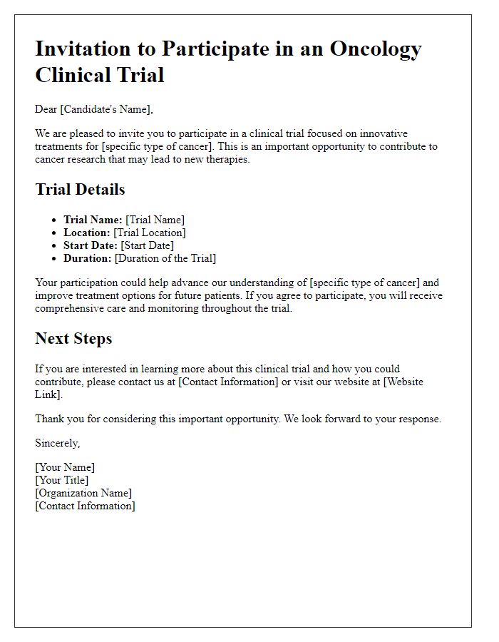 Letter template of invitation for oncology clinical trial candidates