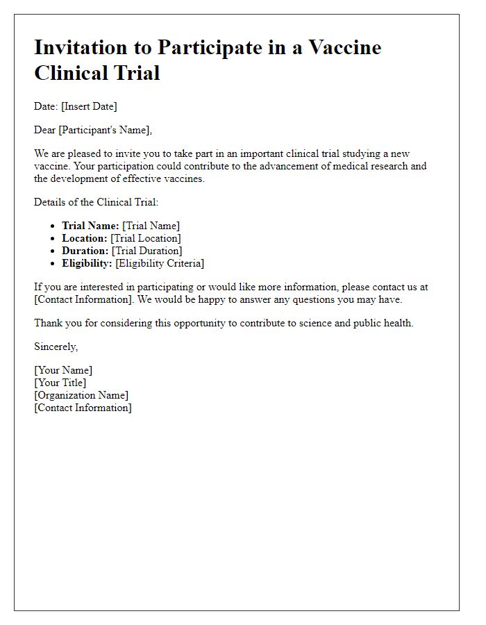 Letter template of invitation for participants in a vaccine clinical trial