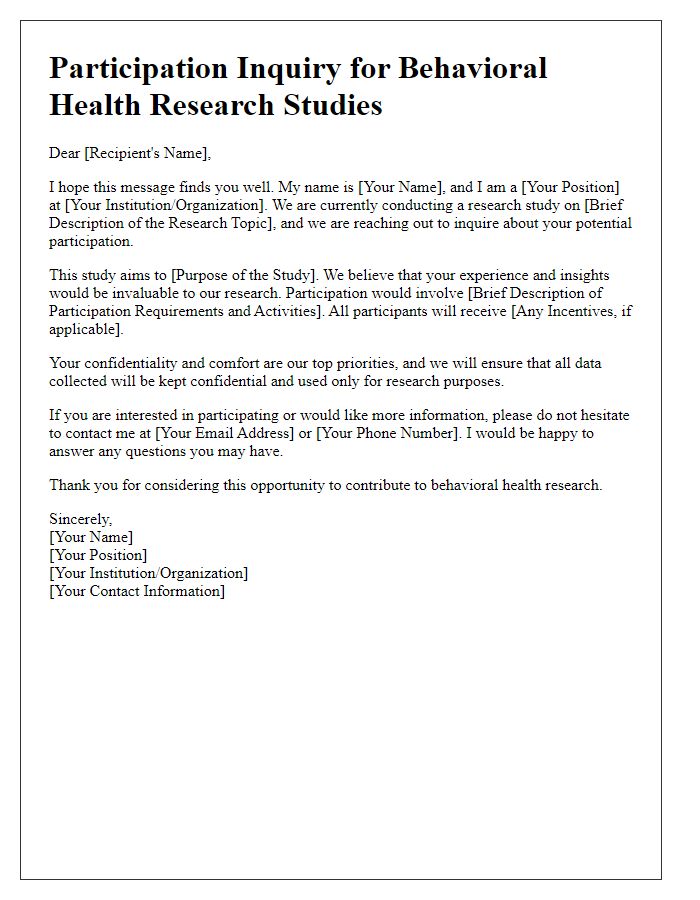 Letter template of participation inquiry for behavioral health research studies