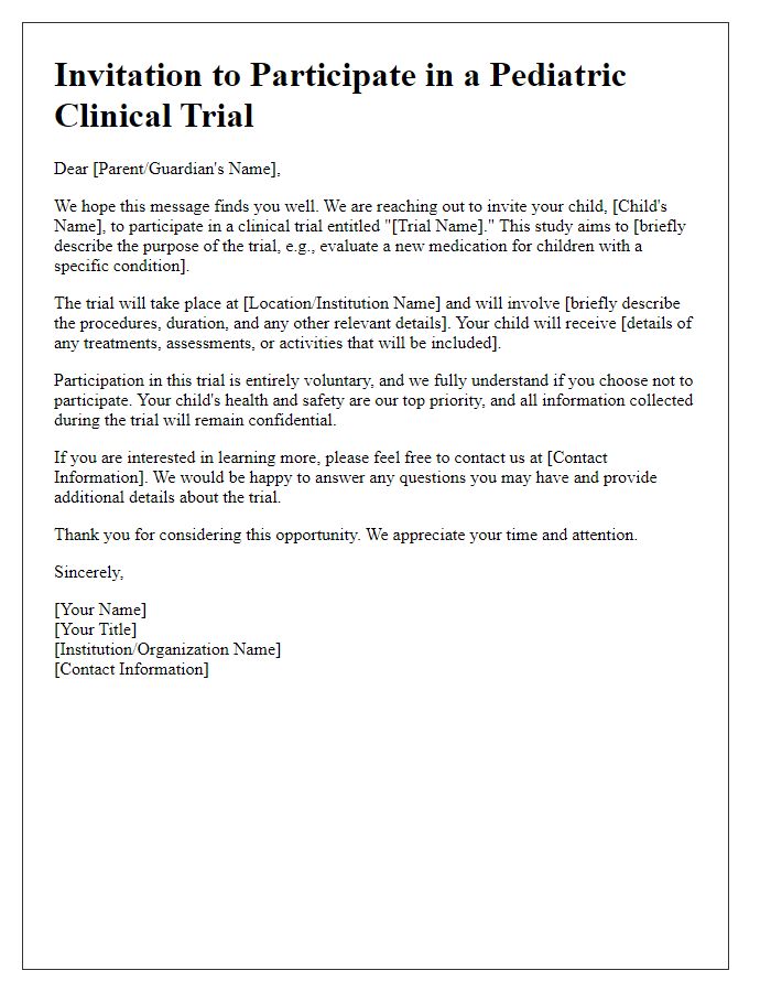 Letter template of participation invitation for pediatric clinical trials