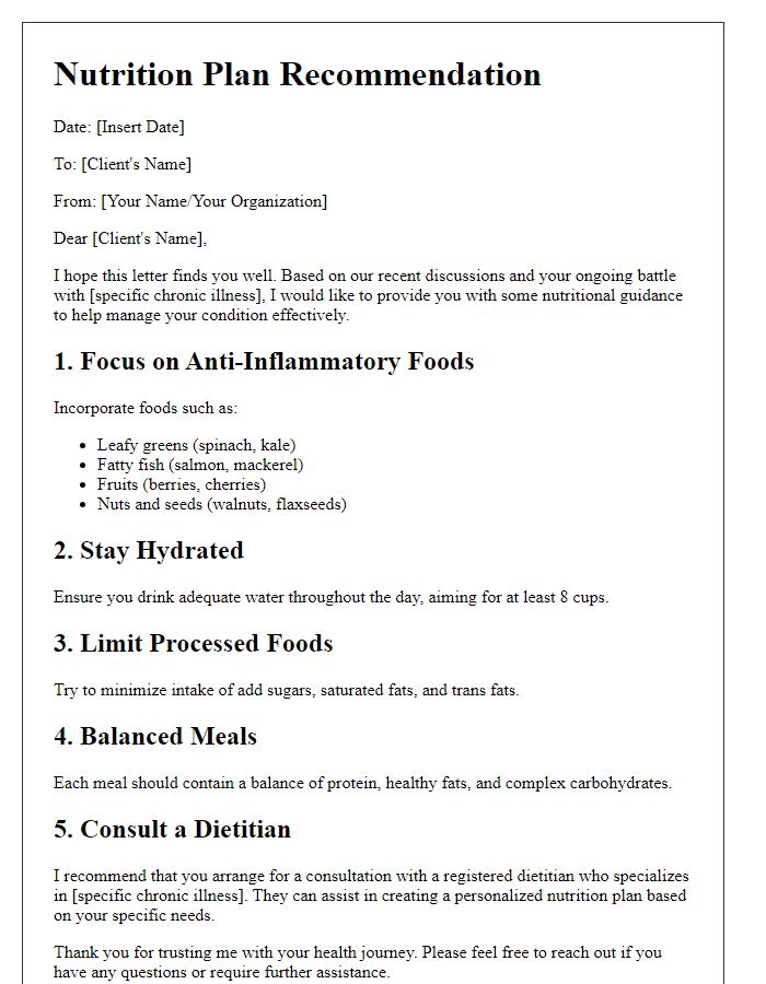 Letter template of advice for chronic illness nutrition plans