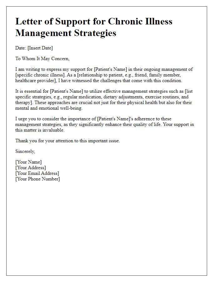 Letter template of support for chronic illness management strategies