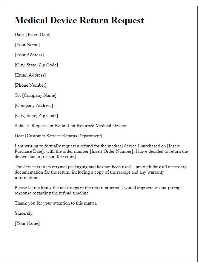 Letter template of medical device return for refund request