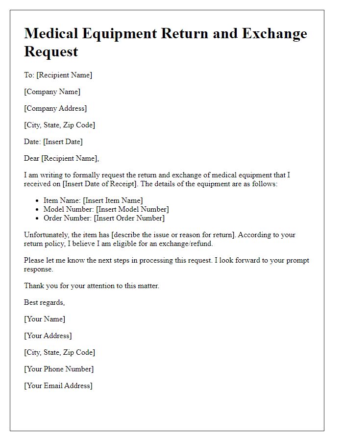 Letter template of medical equipment return and exchange request