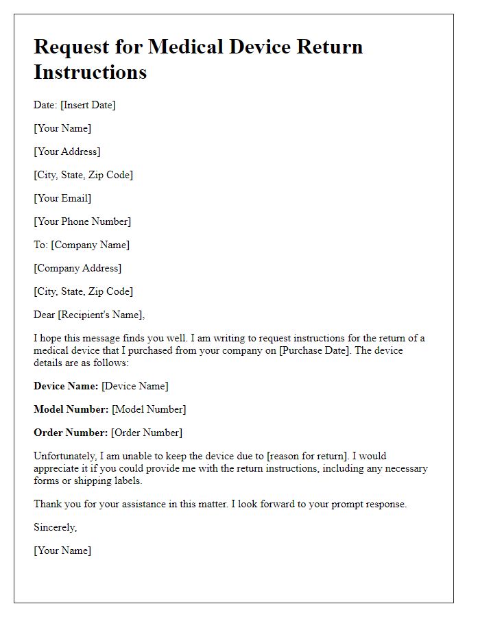 Letter template of request for medical device return instructions