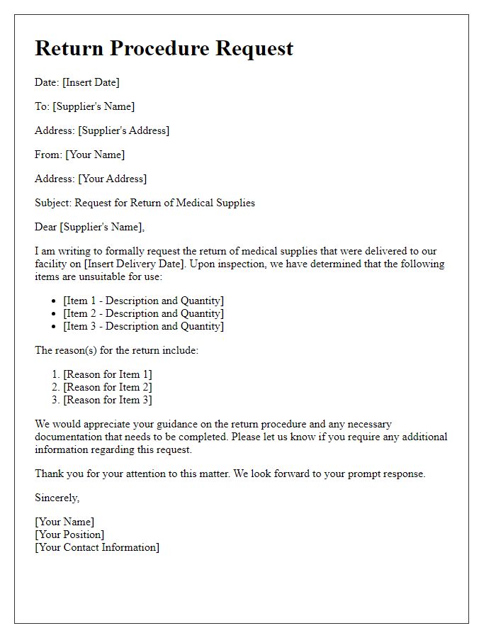 Letter template of return procedure request for medical supplies