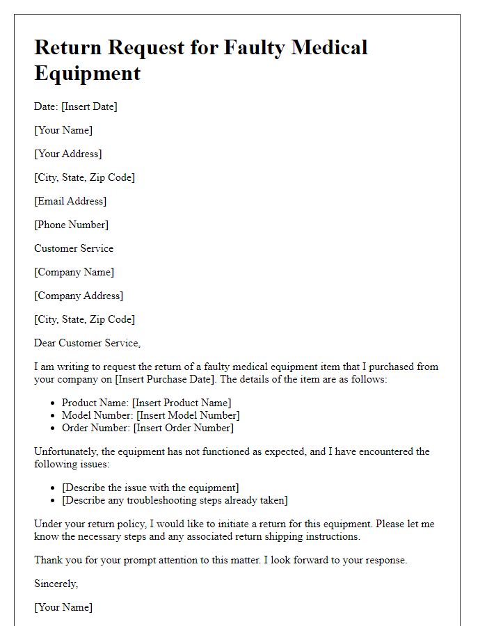 Letter template of return request for faulty medical equipment