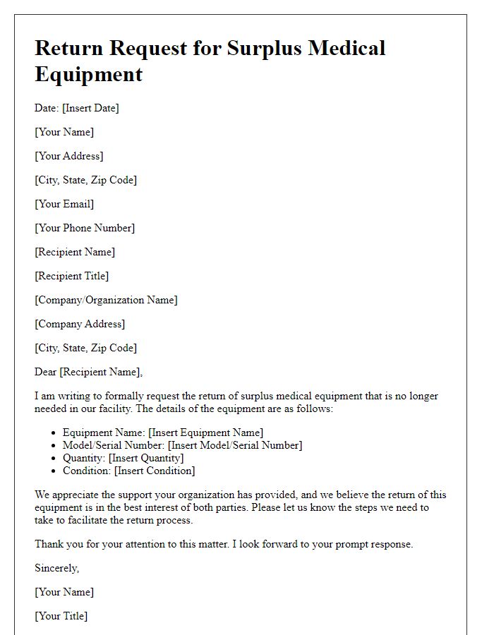 Letter template of return request for surplus medical equipment