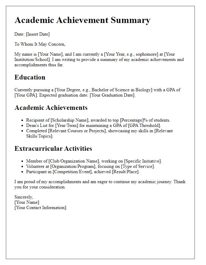 Letter template of Academic Achievement Summary