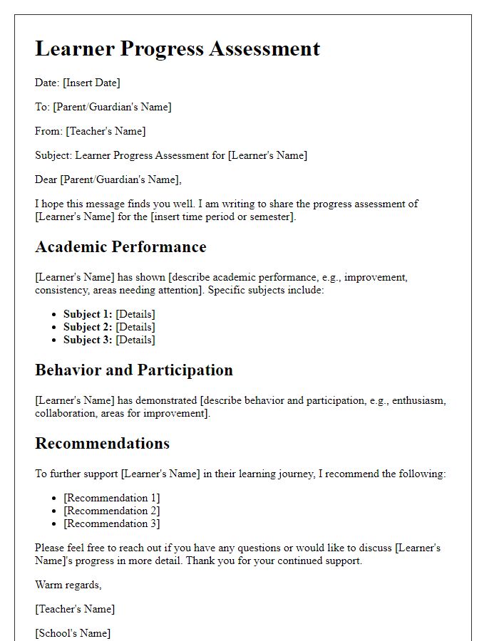 Letter template of Learner Progress Assessment