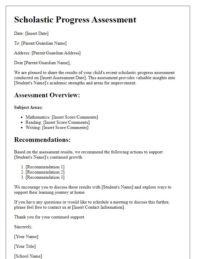 Letter template of Scholastic Progress Assessment