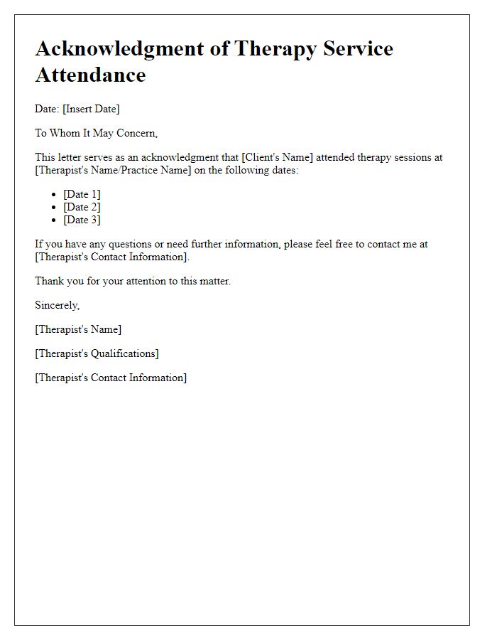 Letter template of acknowledgment for therapy service attendance