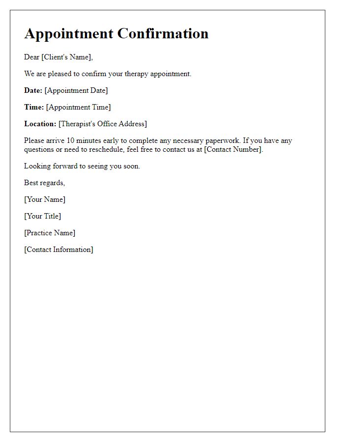 Letter template of confirmation for therapy appointment