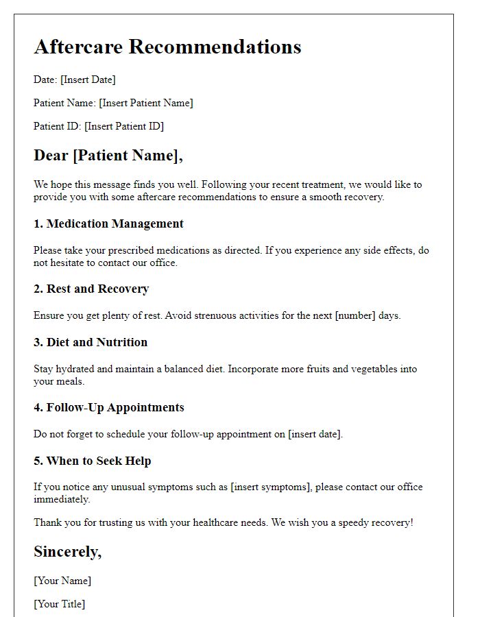 Letter template of patient aftercare recommendations