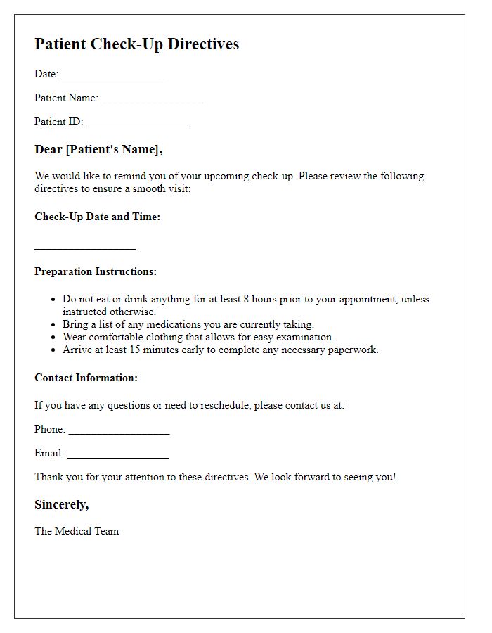 Letter template of patient check-up directives