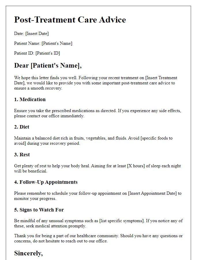 Letter template of patient post-treatment care advice