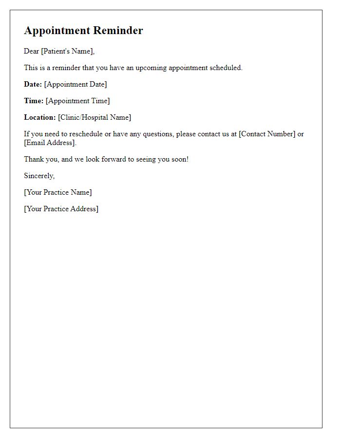 Letter template of patient scheduled appointment reminders