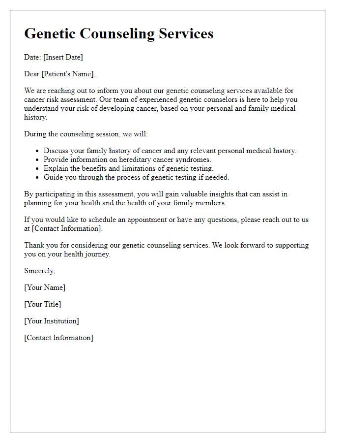 Letter template of genetic counseling services for cancer risk assessment.